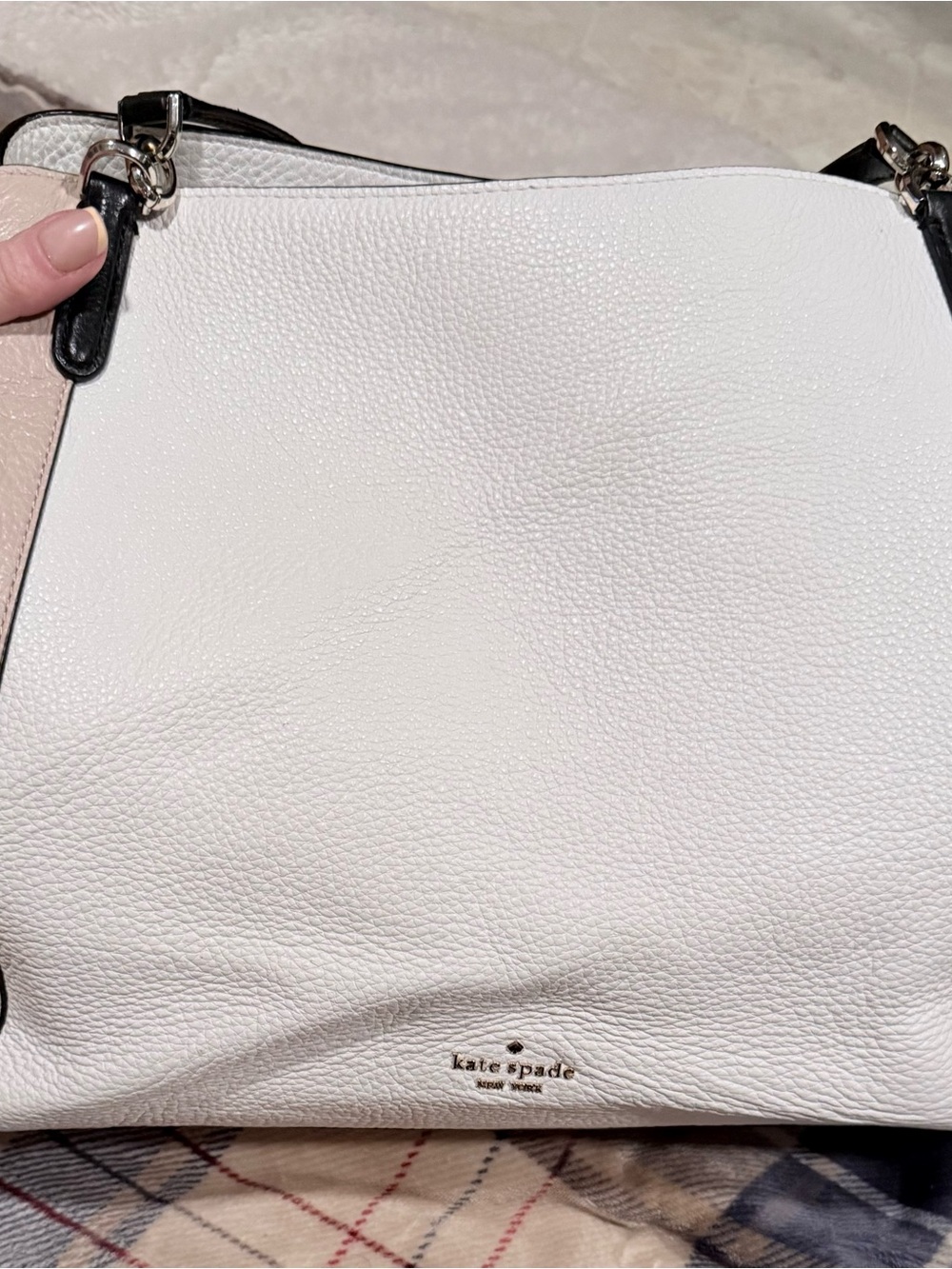 kate spade White Leather Pebbled Shoulder Bag with Black Trim